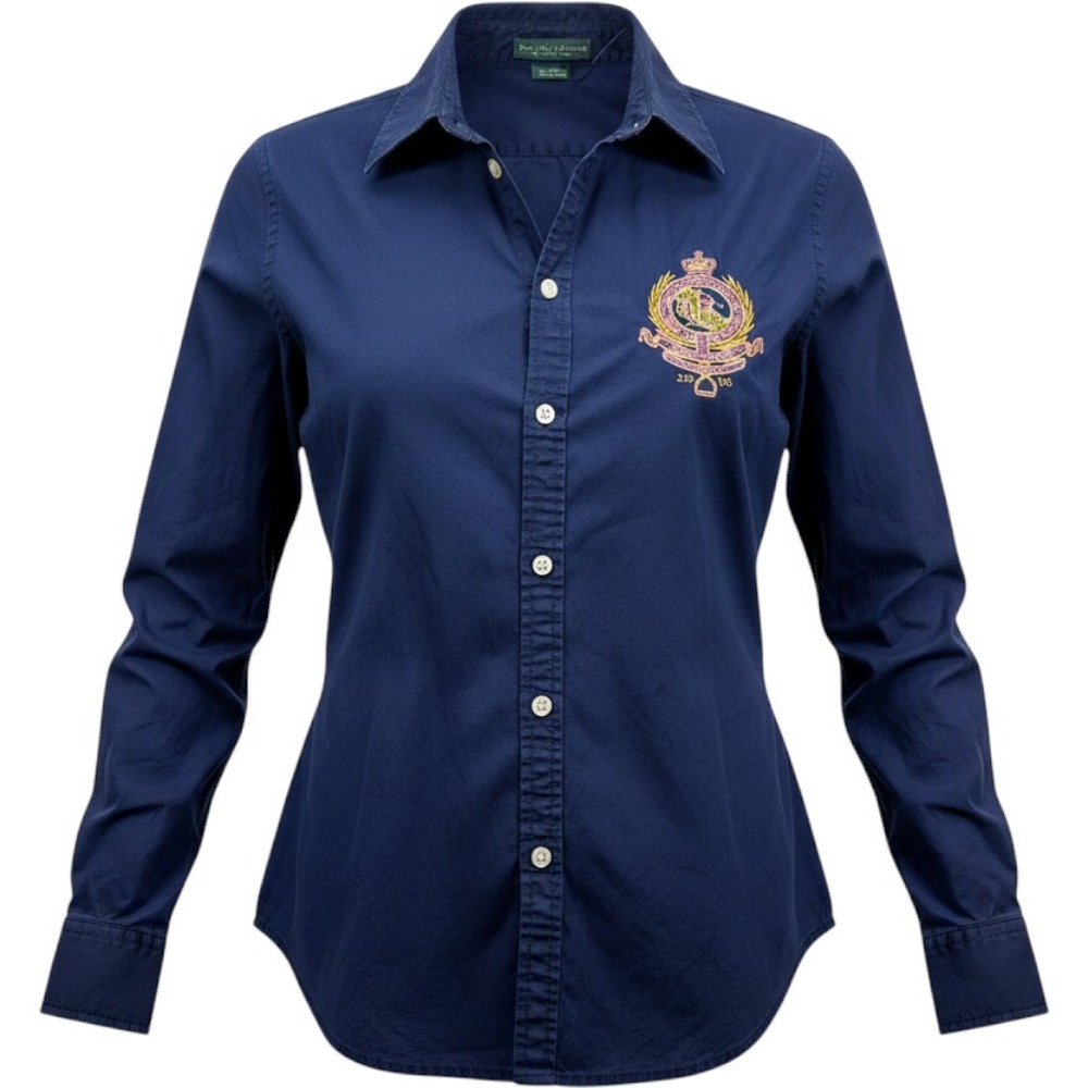 Lauren Ralph Lauren Navy Blue Embroidered Crest Button Down Shirt Size M